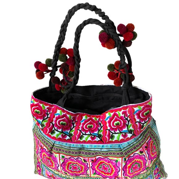 Boho Embroidery Multi-Color Flowers Weekender Hobo Tote Pom-Poms Inside Zip #02 - Picture 2 of 15